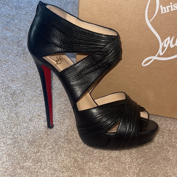 CHRISTIAN LOUBOUTIN Bandra 140 Napa Black Leather Peep Toe Pump Sz 40 - Picture 3 of 16